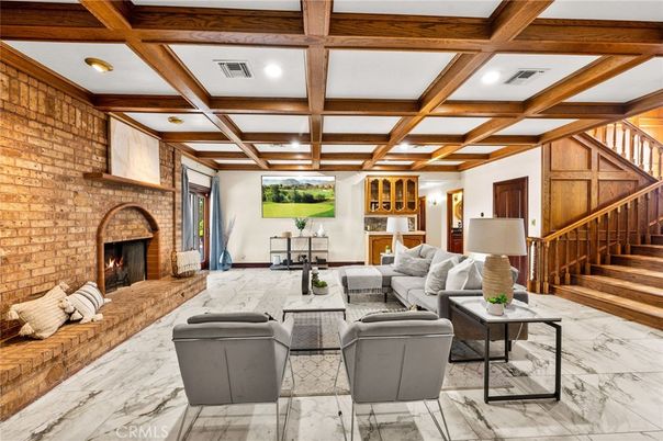 Fireplace, Interior, Living room, Marble, Recessed Lighting, Stone Walls, Wooden Beams