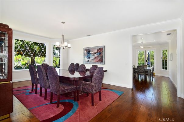 Chandelier, Dining room, Interior, Pendant Lights, Recessed Lighting, Wood Texture Flooring