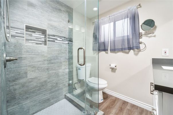 Bathroom, Glass Shower, Interior, Recessed Lighting, Wood Texture Flooring