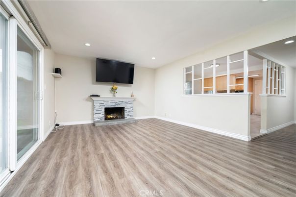 Empty room, Fireplace, Interior, Recessed Lighting, Wood Texture Flooring