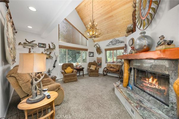 Fireplace, Interior, Living room, Pendant Lights, Recessed Lighting, Wooden Ceilings