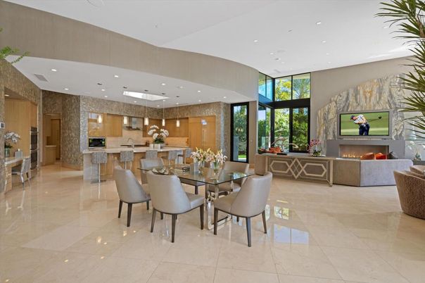 Dining room, Fireplace, Interior, Kitchen, Living room, Pendant Lights, Recessed Lighting