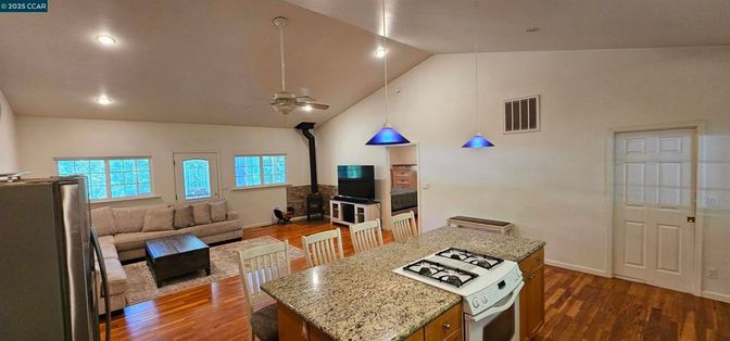 Fireplace, Interior, Kitchen, Living room, Pendant Lights, Recessed Lighting, Wood Texture Flooring