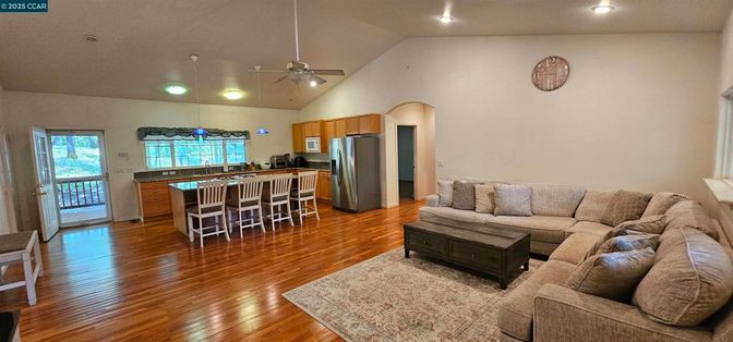 Interior, Kitchen, Living room, Recessed Lighting, Stainless Steel Appliances, Wood Texture Flooring
