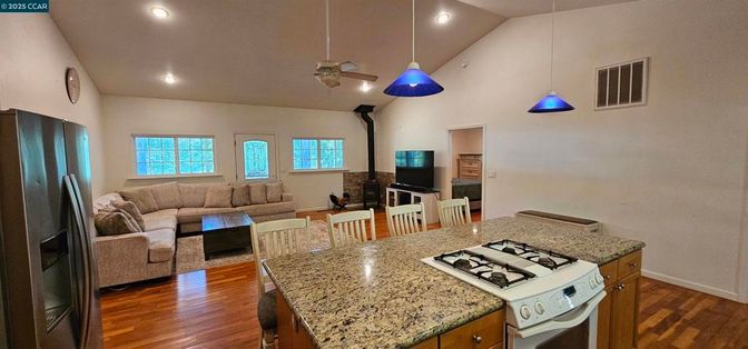 Dining room, Interior, Kitchen, Living room, Pendant Lights, Recessed Lighting, Wood Texture Flooring