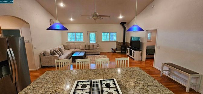 Fireplace, Interior, Kitchen, Living room, Pendant Lights, Recessed Lighting, Wood Texture Flooring