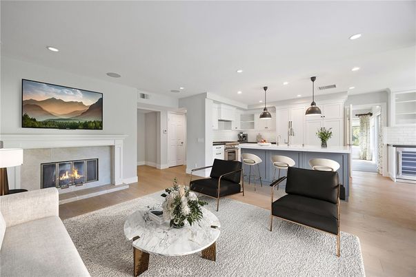 Fireplace, Interior, Kitchen, Pendant Lights, Recessed Lighting, Stainless Steel Appliances, Wood Texture Flooring