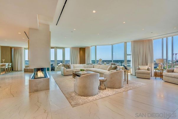 Fireplace, Interior, Living room, Marble, Recessed Lighting, Water