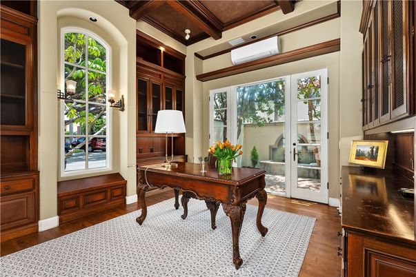 Home Office, Interior, Recessed Lighting, Wooden Beams, Wood Texture Flooring
