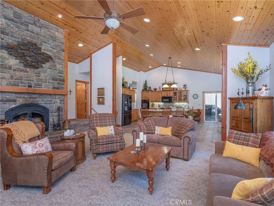 Dining room, Fireplace, Interior, Kitchen, Living room, Pendant Lights, Recessed Lighting, Stone Walls, Wooden Ceilings