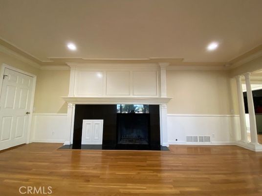 Empty room, Fireplace, Interior, Recessed Lighting, Wood Texture Flooring