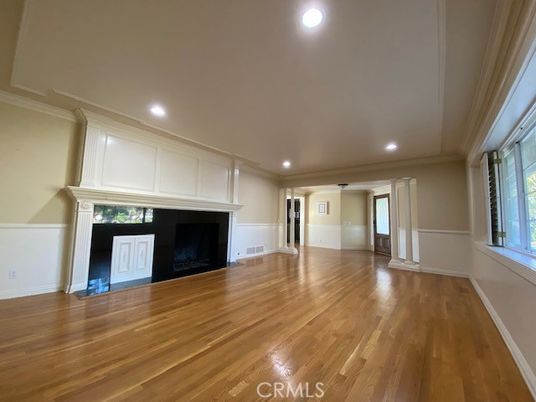 Empty room, Fireplace, Interior, Recessed Lighting, Wood Texture Flooring