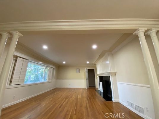 Empty room, Fireplace, Interior, Recessed Lighting, Wood Texture Flooring