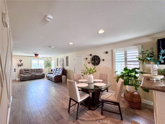 Dining room, Interior, Living room, Recessed Lighting, Wood Texture Flooring