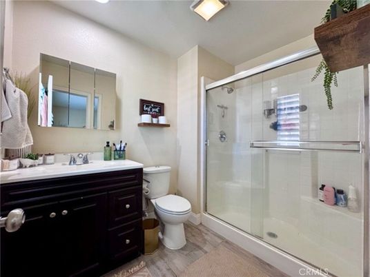 Bathroom, Glass Shower, Interior, Recessed Lighting, Wood Texture Flooring