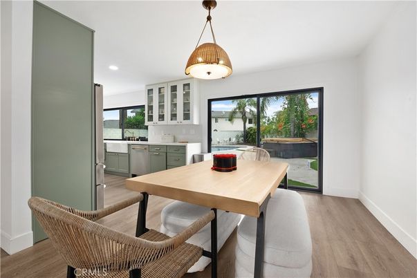 Dining room, Interior, Pendant Lights, Recessed Lighting, Wood Texture Flooring
