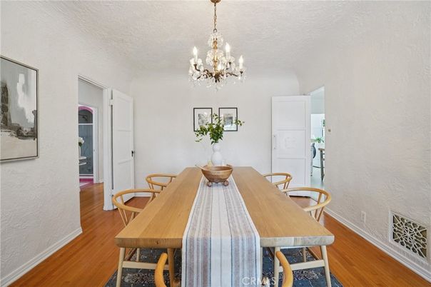 Chandelier, Dining room, Interior, Wood Texture Flooring