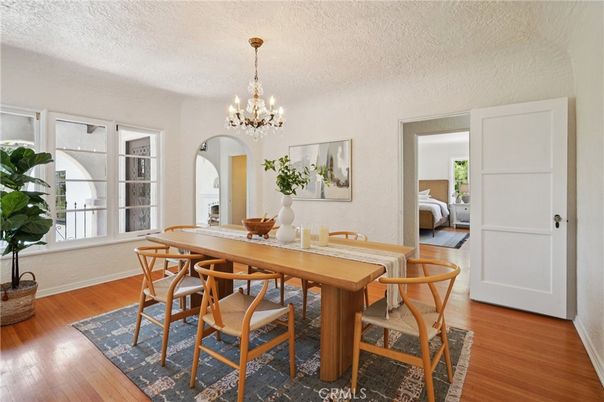 Chandelier, Dining room, Interior, Wood Texture Flooring