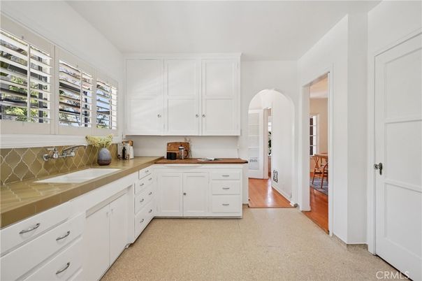 Interior, Kitchen, Tile Countertops, Wood Texture Flooring