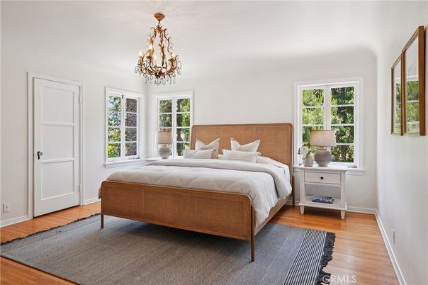 Bedroom, Chandelier, Interior, Wood Texture Flooring