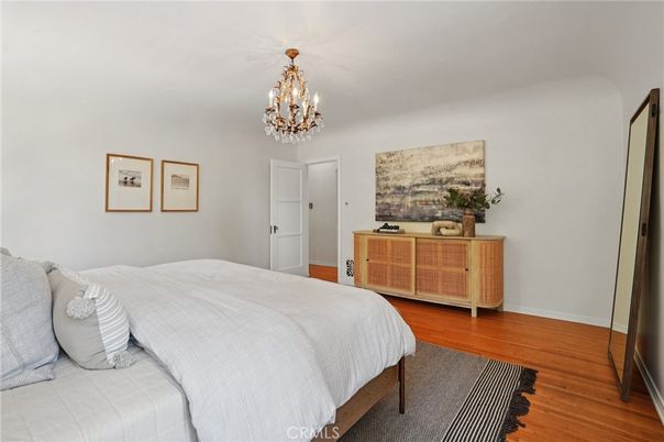 Bedroom, Chandelier, Interior, Wood Texture Flooring