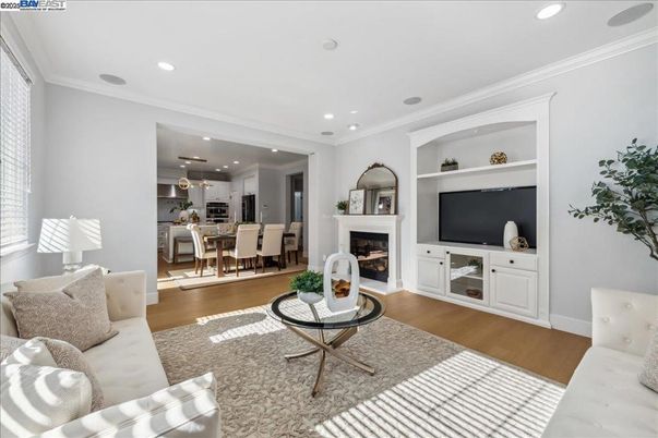 Dining room, Fireplace, Interior, Kitchen, Living room, Recessed Lighting, Wood Texture Flooring