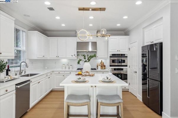Interior, Kitchen, Pendant Lights, Recessed Lighting, Stainless Steel Appliances, Wood Texture Flooring