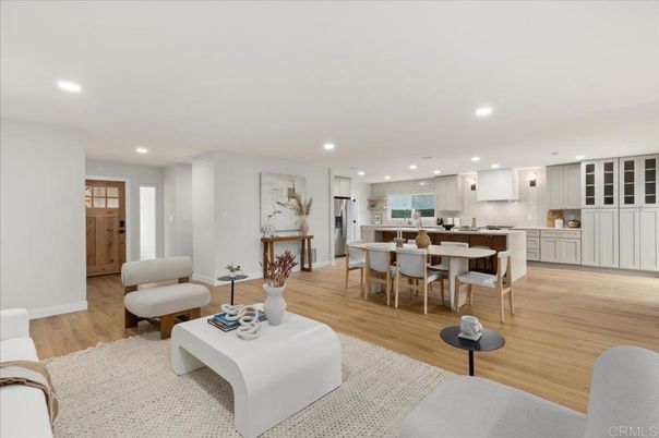 Dining room, Interior, Kitchen, Living room, Recessed Lighting, Wood Texture Flooring