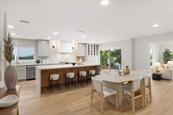 Dining room, Interior, Kitchen, Living room, Recessed Lighting, Stainless Steel Appliances, Wood Texture Flooring