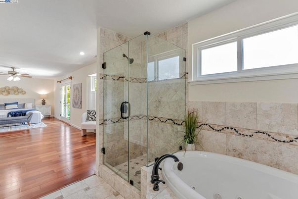 Bathroom, Bedroom, Glass Shower, Interior, Recessed Lighting, Wood Texture Flooring