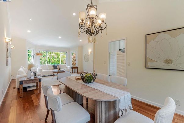 Chandelier, Dining room, Interior, Living room, Recessed Lighting, Wood Texture Flooring