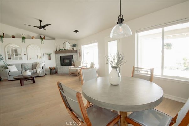 Dining room, Fireplace, Interior, Living room, Pendant Lights, Wood Texture Flooring