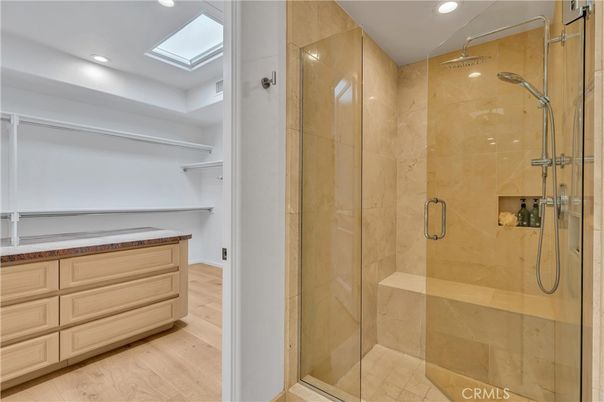 Bathroom, Glass Shower, Interior, Recessed Lighting, Wood Texture Flooring