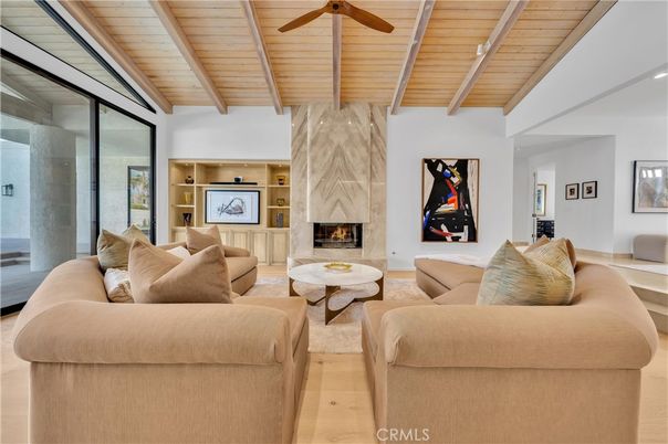 Fireplace, Interior, Living room, Recessed Lighting, Wooden Beams, Wooden Ceilings, Wood Texture Flooring