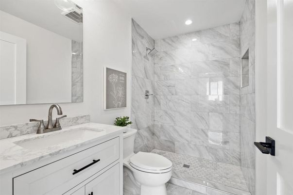 Bathroom, Glass Shower, Interior, Marble Walls, Recessed Lighting
