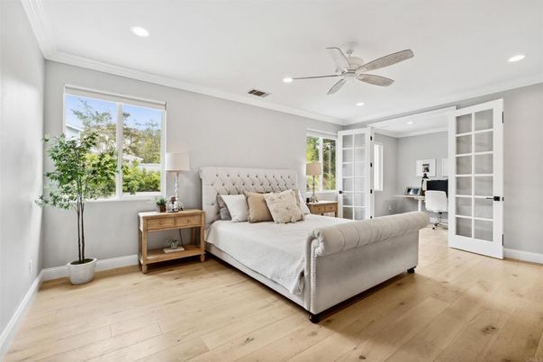 Bedroom, Interior, Recessed Lighting, Wood Texture Flooring