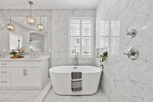 Bathroom, Dual Sink Vanities, Free Standing Baths, Interior, Marble, Marble Walls, Pendant Lights