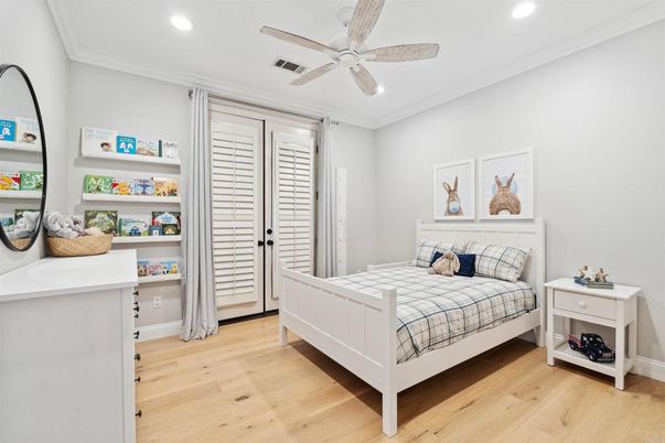 Bedroom, Interior, Recessed Lighting, Wood Texture Flooring