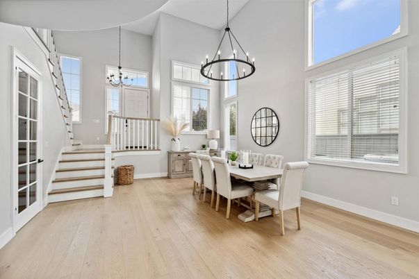 Chandelier, Dining room, Interior, Pendant Lights, Wood Texture Flooring