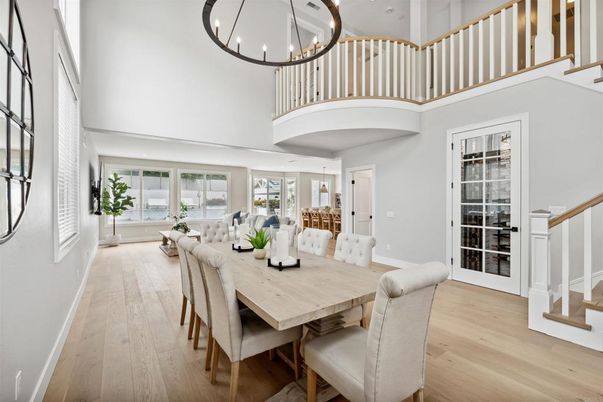 Dining room, Interior, Pendant Lights, Wood Texture Flooring