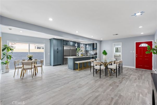 Dining room, Interior, Kitchen, Recessed Lighting, Stainless Steel Appliances, Wood Texture Flooring