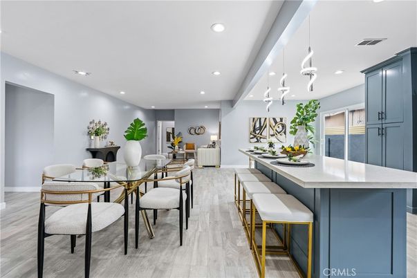 Dining room, Interior, Pendant Lights, Recessed Lighting, Wood Texture Flooring