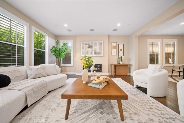 Fireplace, Interior, Living room, Recessed Lighting, Wood Texture Flooring