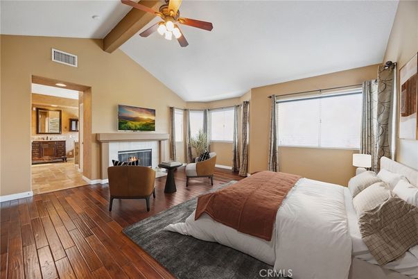 Bedroom, Fireplace, Interior, Wooden Beams, Wood Texture Flooring