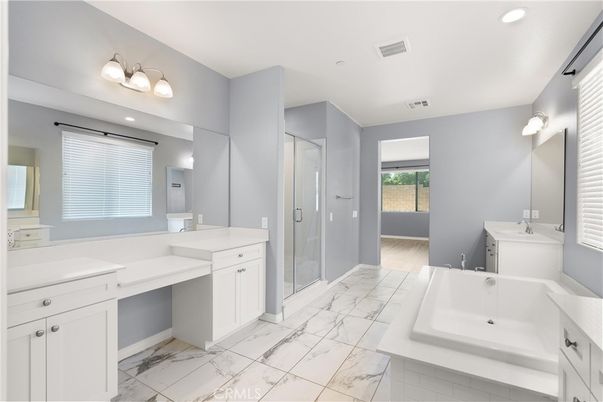 Bathroom, Dual Sink Vanities, Glass Shower, Interior, Marble, Recessed Lighting