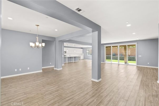 Chandelier, Empty room, Interior, Recessed Lighting, Wood Texture Flooring