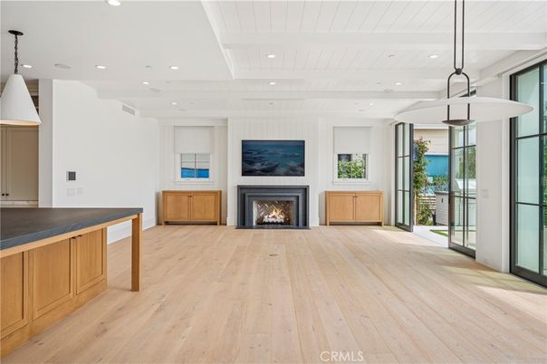 Empty room, Fireplace, Interior, Pendant Lights, Recessed Lighting, Wood Texture Flooring