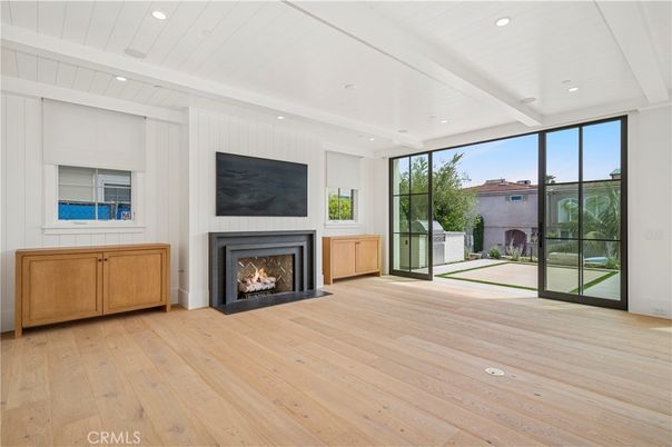 Empty room, Fireplace, Interior, Recessed Lighting, Wood Texture Flooring