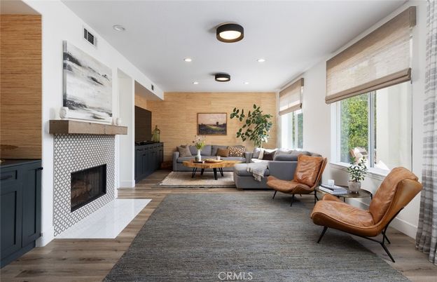 Fireplace, Interior, Living room, Recessed Lighting, Wood Texture Flooring