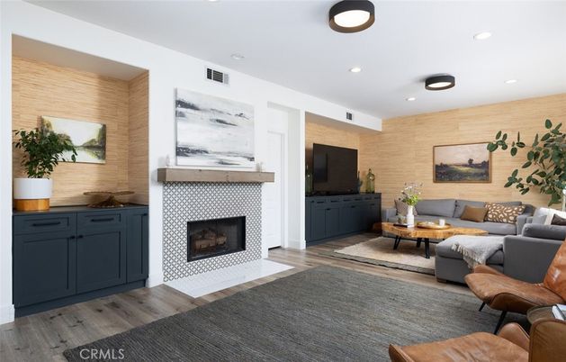 Fireplace, Interior, Living room, Recessed Lighting, Wood Texture Flooring, Wooden Walls